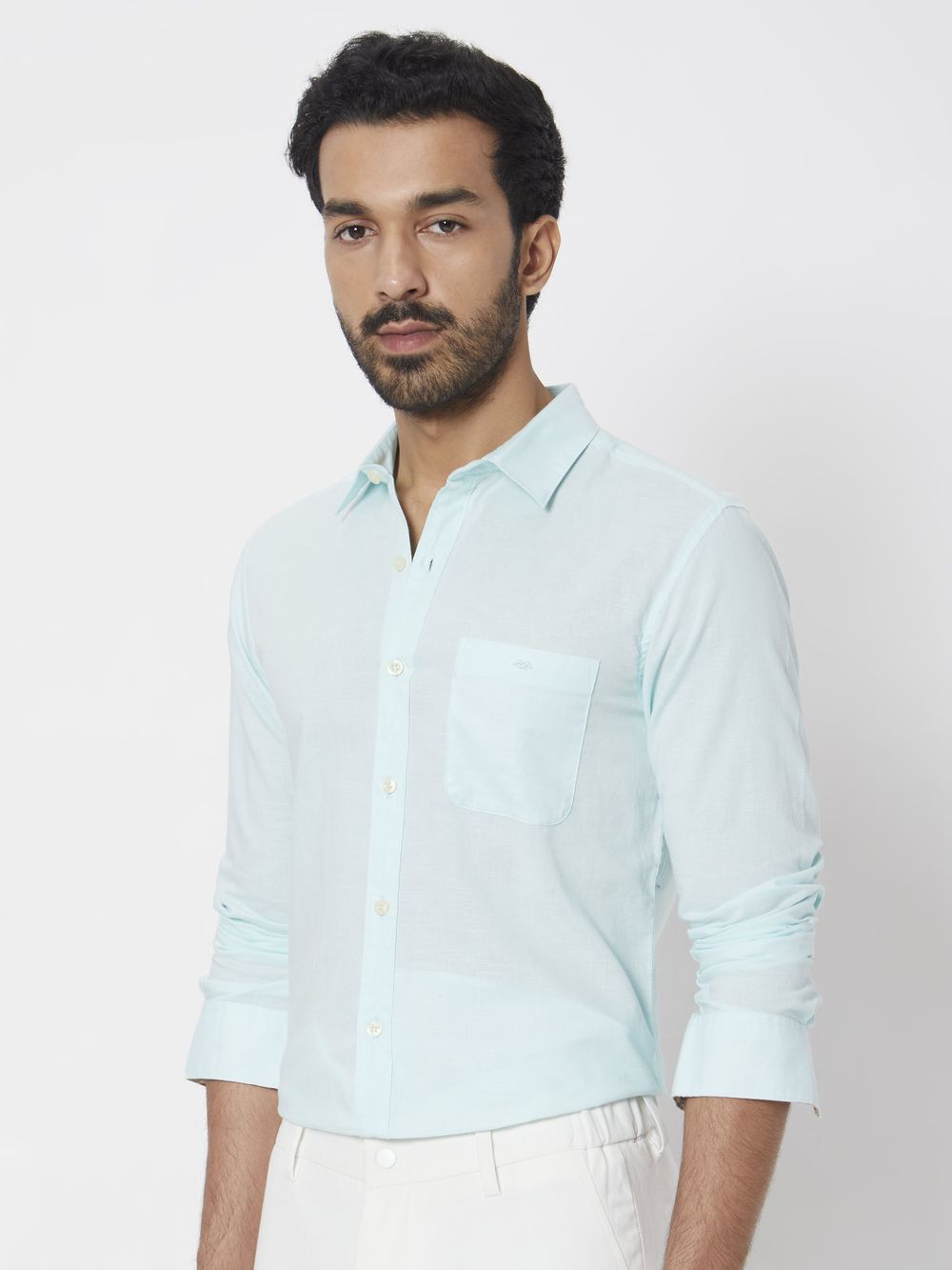 Turquoise Cotton Linen Slim Fit Casual Shirt