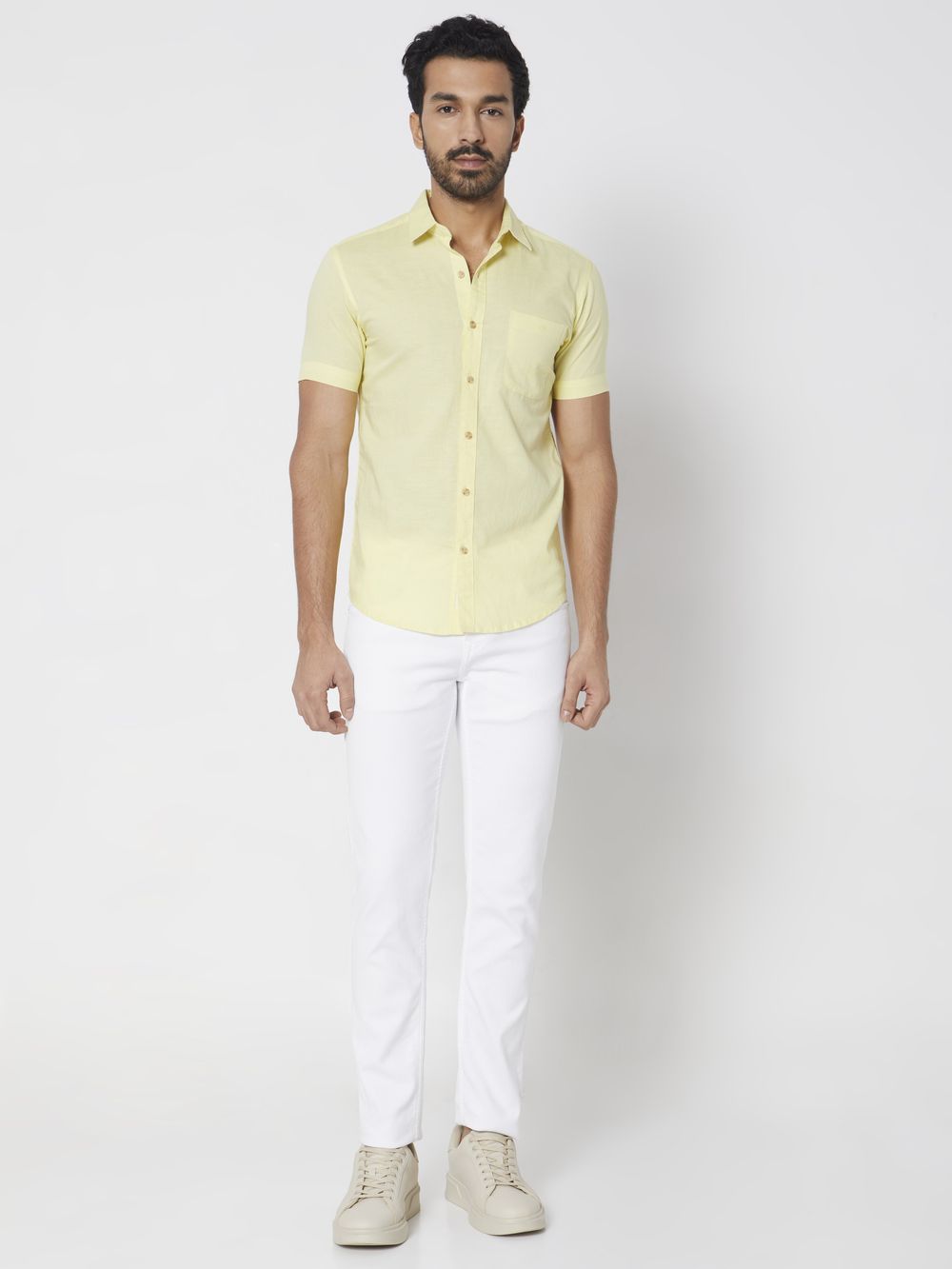 Yellow Cotton Linen Plain Slim Fit Casual Shirt