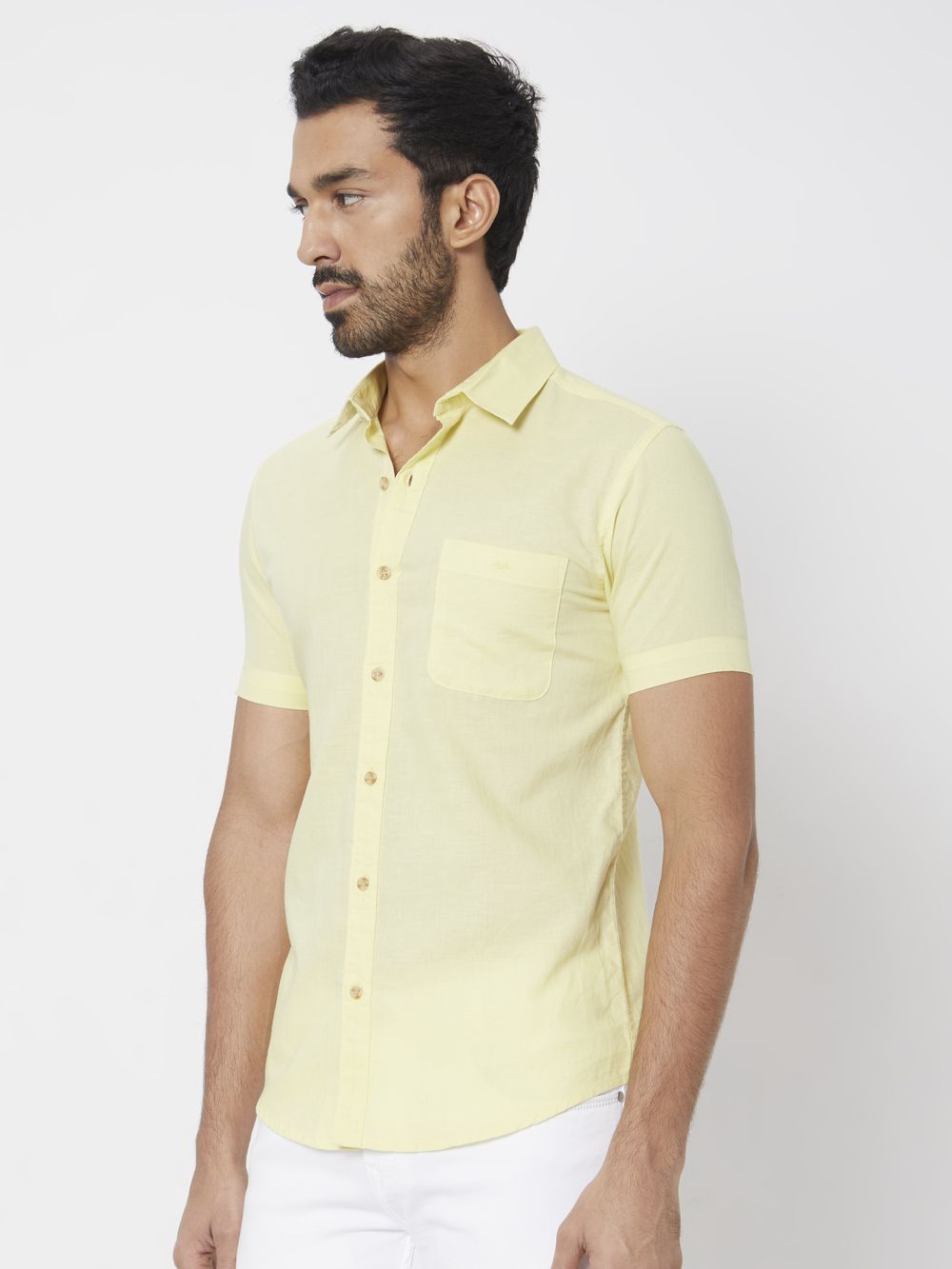 Yellow Cotton Linen Plain Slim Fit Casual Shirt