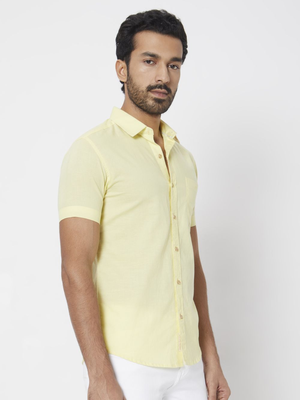 Yellow Cotton Linen Plain Slim Fit Casual Shirt