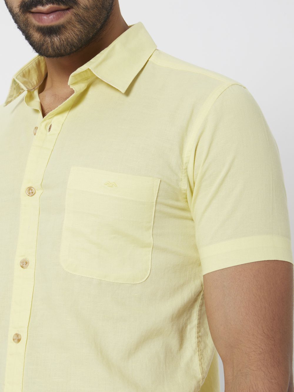 Yellow Cotton Linen Plain Slim Fit Casual Shirt