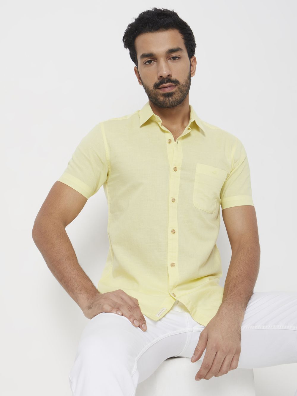 Yellow Cotton Linen Plain Slim Fit Casual Shirt