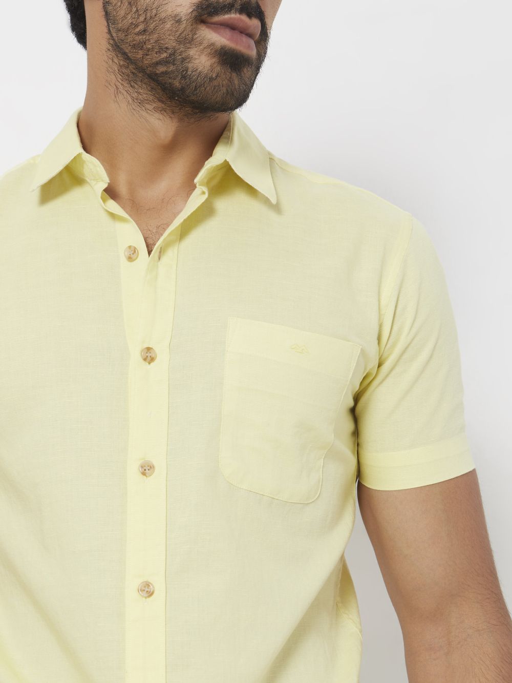 Yellow Cotton Linen Plain Slim Fit Casual Shirt