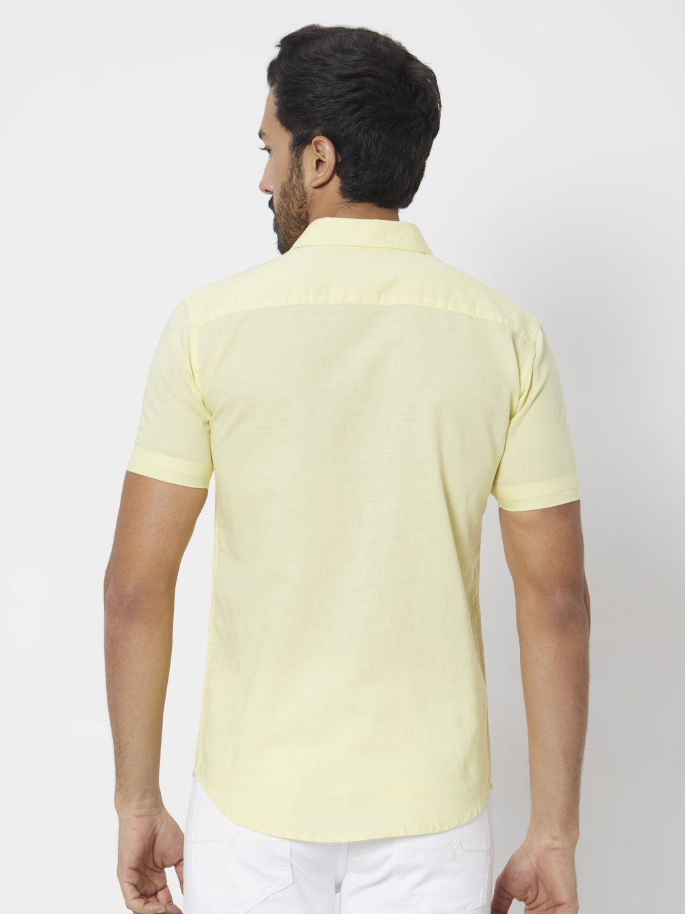 Yellow Cotton Linen Plain Slim Fit Casual Shirt