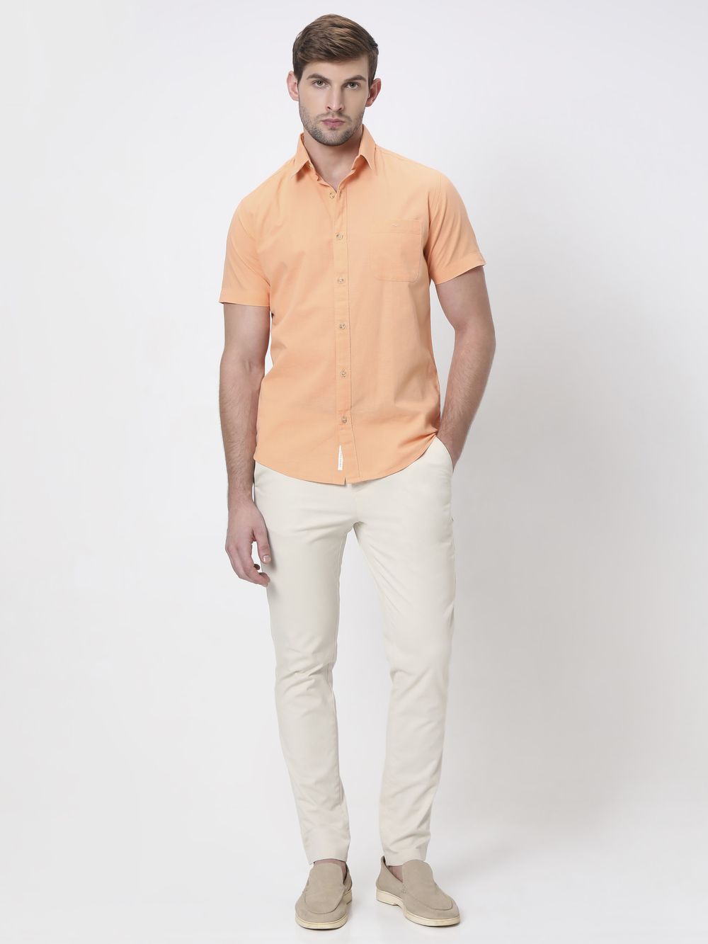 Orange Cotton Linen Plain Slim Fit Casual Shirt