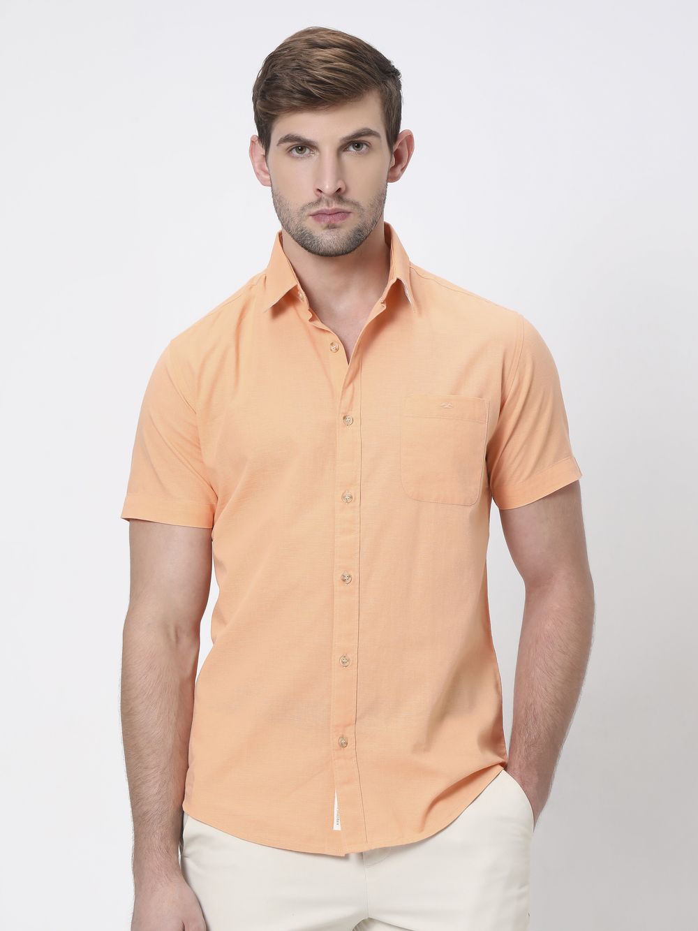 Orange Cotton Linen Plain Slim Fit Casual Shirt