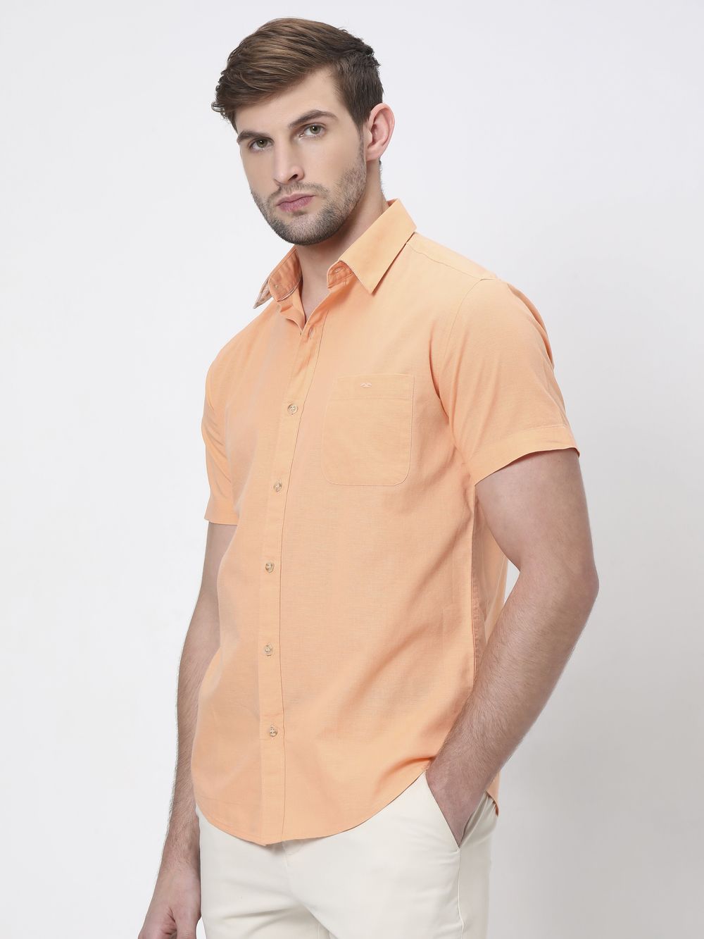 Orange Cotton Linen Plain Slim Fit Casual Shirt