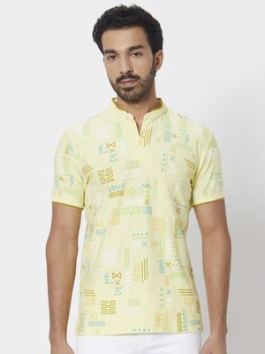 Yellow Abstract Print Slim Fit Henley T-Shirt