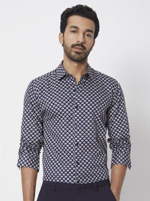 Navy Geometric Print Slim Fit Casual Shirt