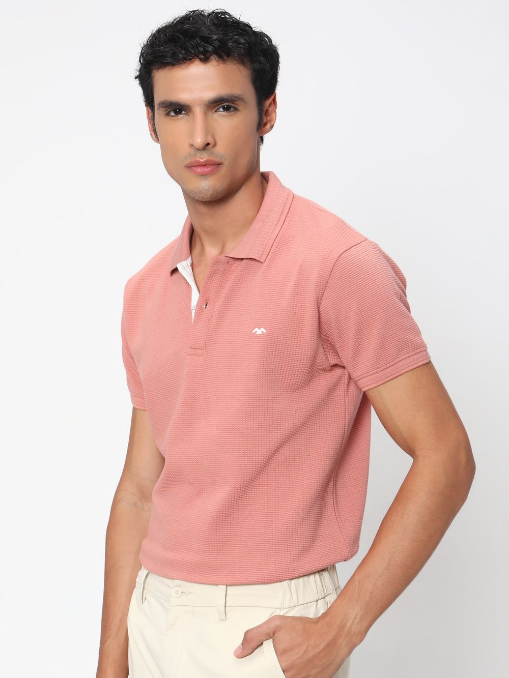 Peach & White Jacquard Textured Jersey Polo T-Shirt