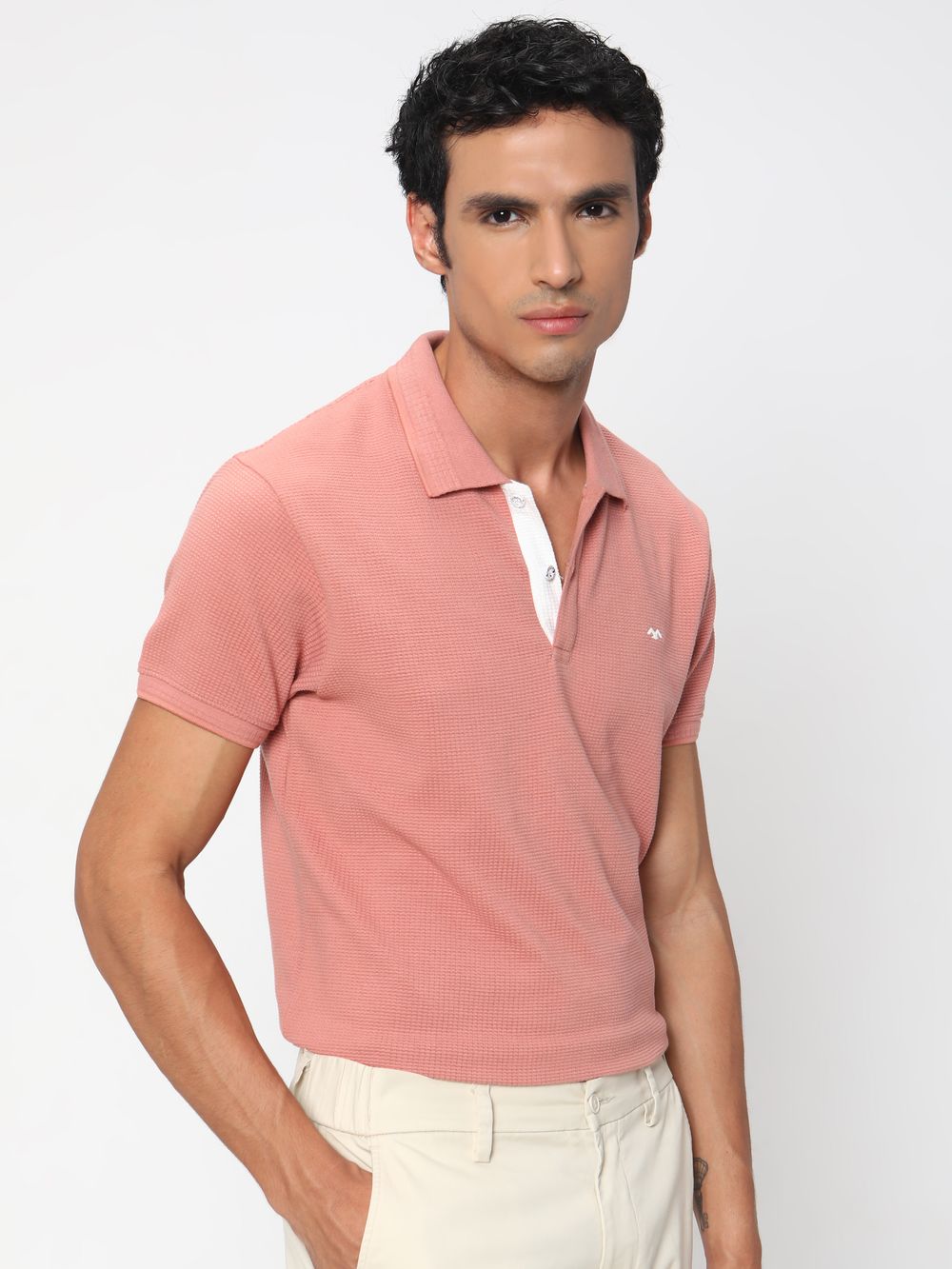 Peach & White Jacquard Textured Jersey Polo T-Shirt