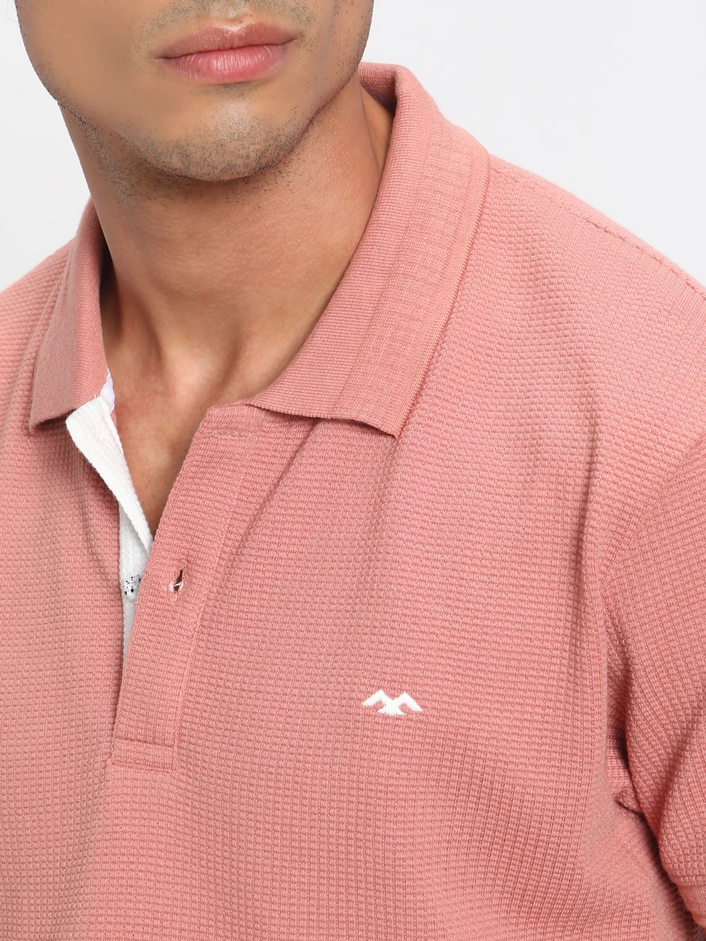 Peach & White Jacquard Textured Jersey Polo T-Shirt