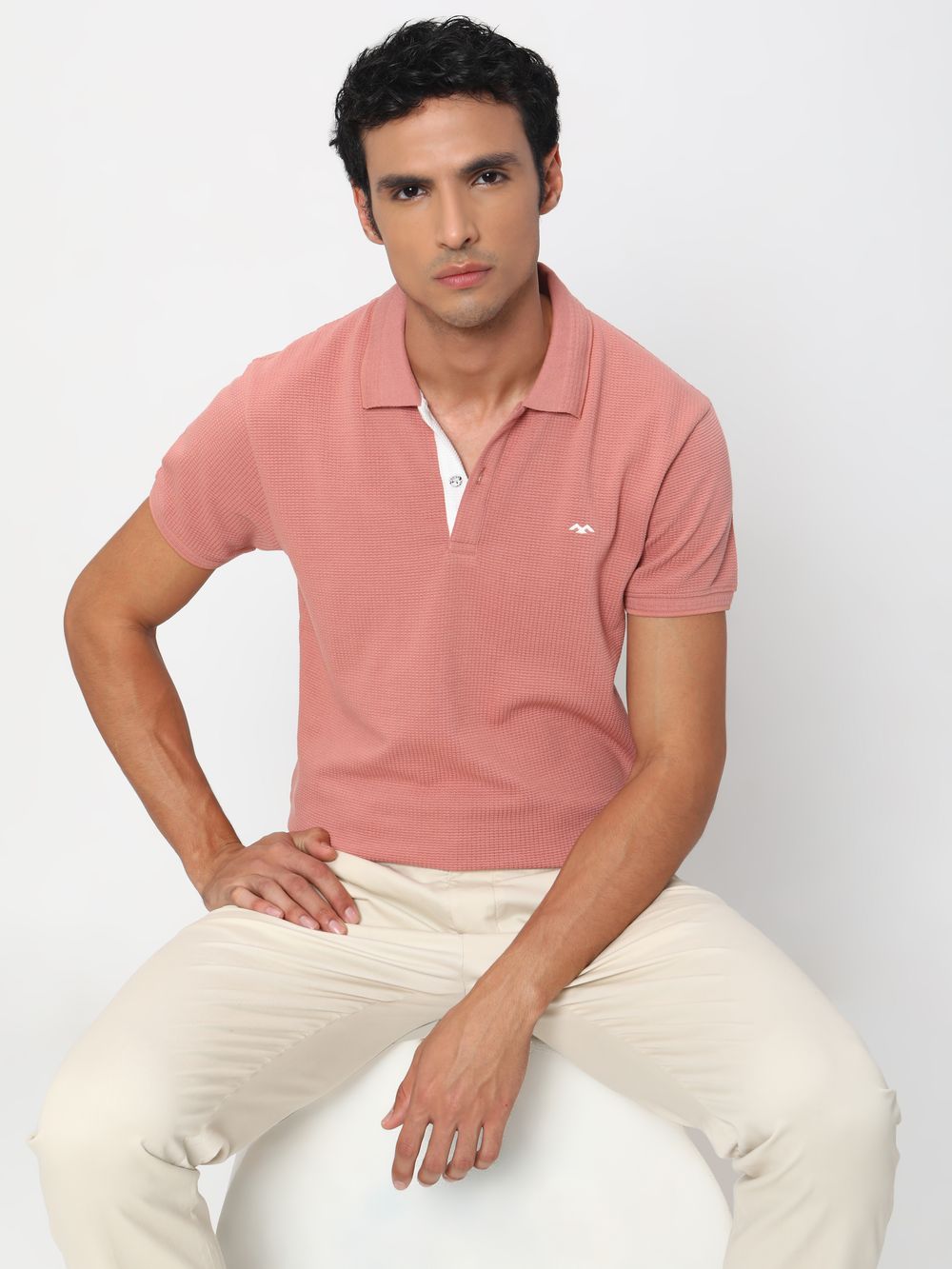 Peach & White Jacquard Textured Jersey Polo T-Shirt