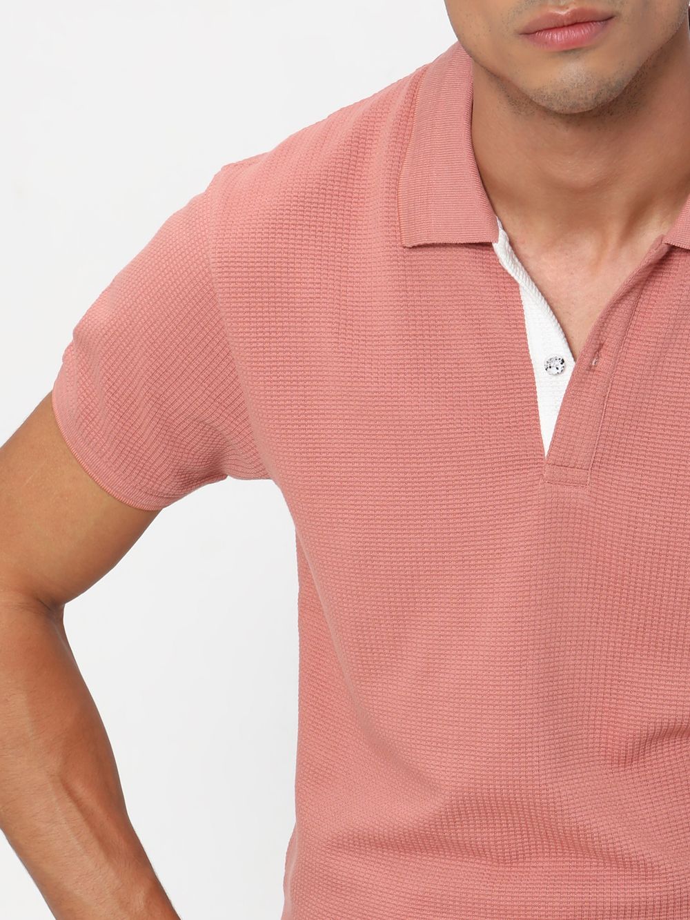Peach & White Jacquard Textured Jersey Polo T-Shirt