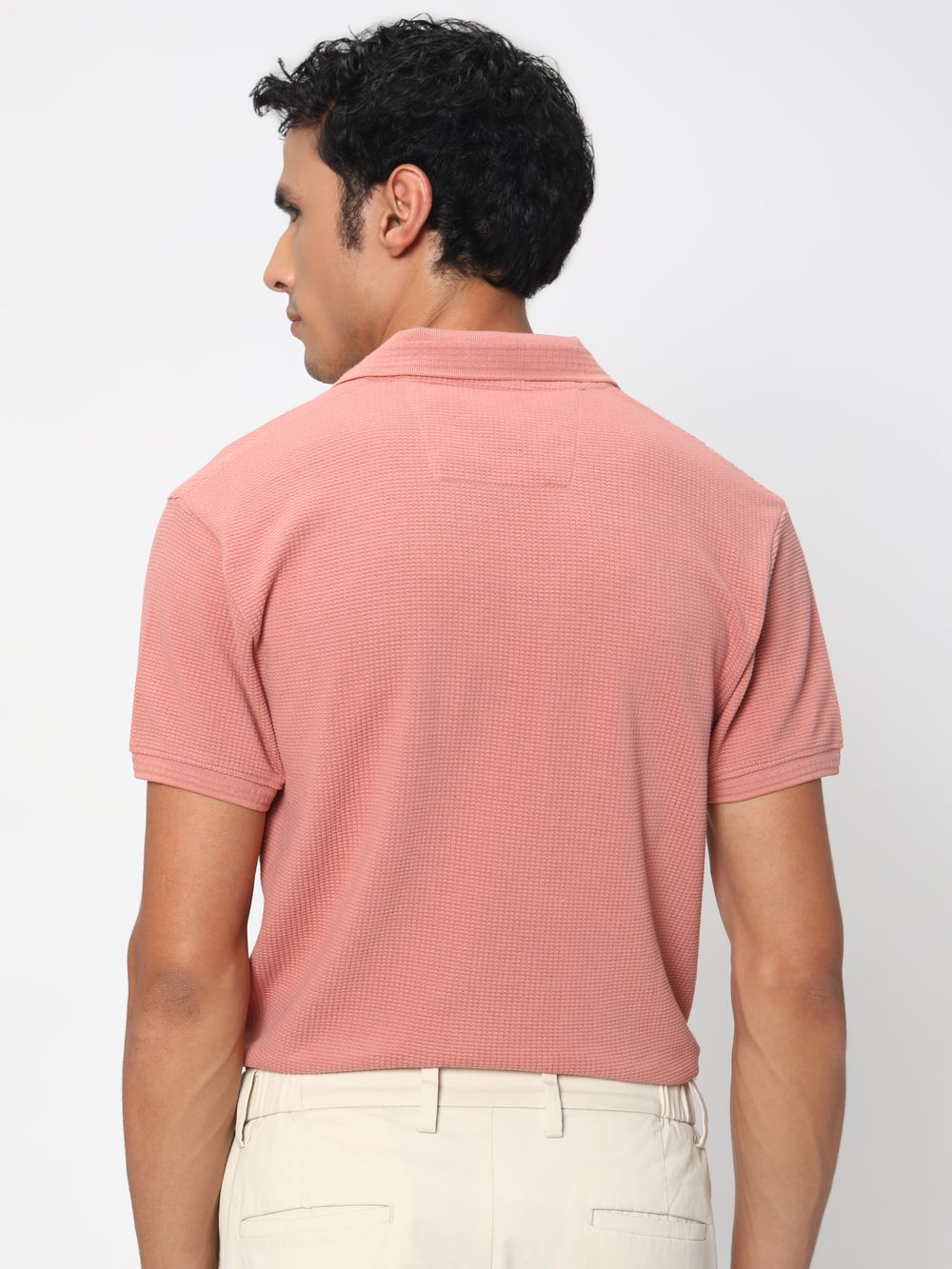 Peach & White Jacquard Textured Jersey Polo T-Shirt