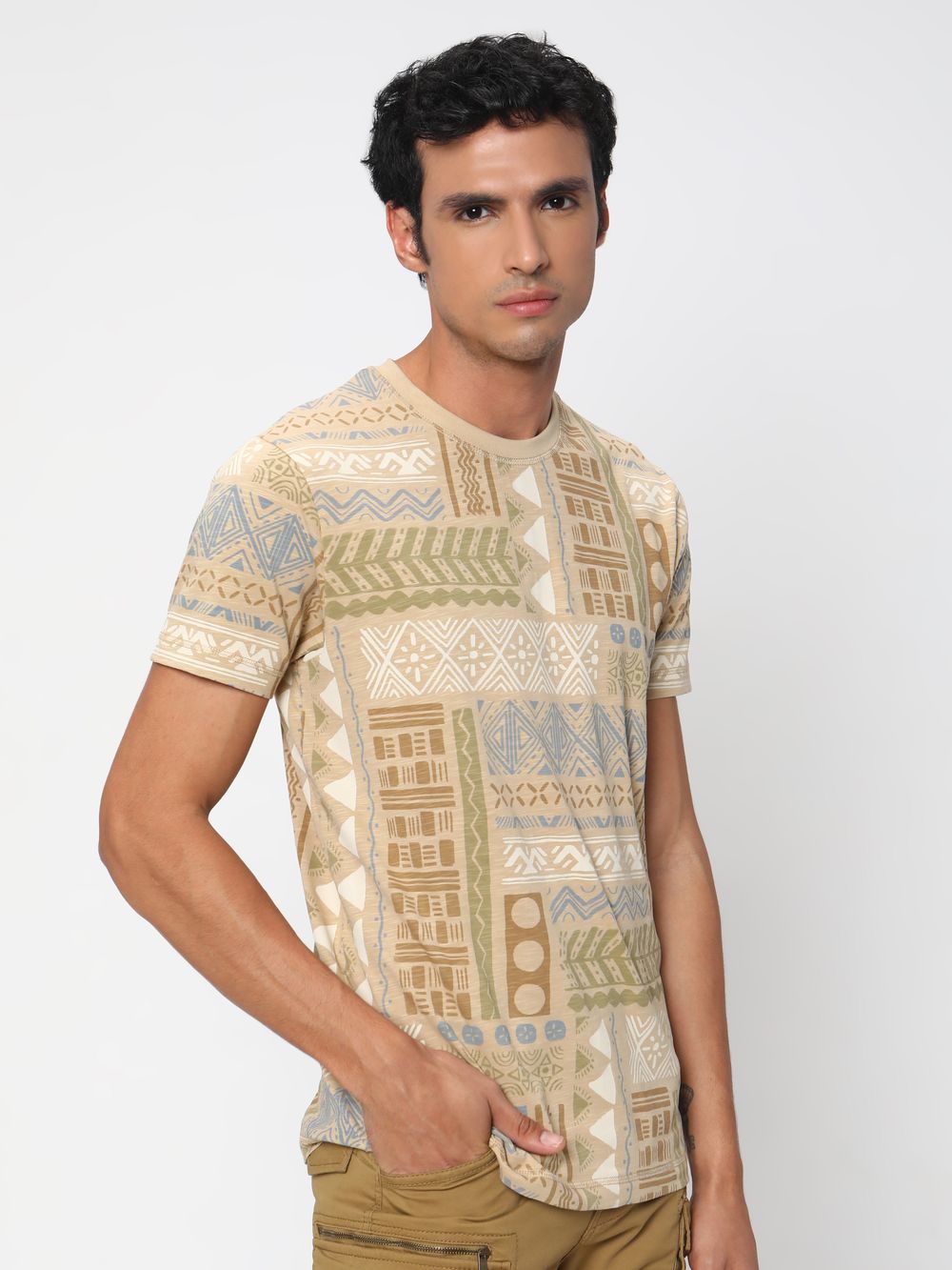 Beige & White Tribal Print Slub Jersey T-Shirt