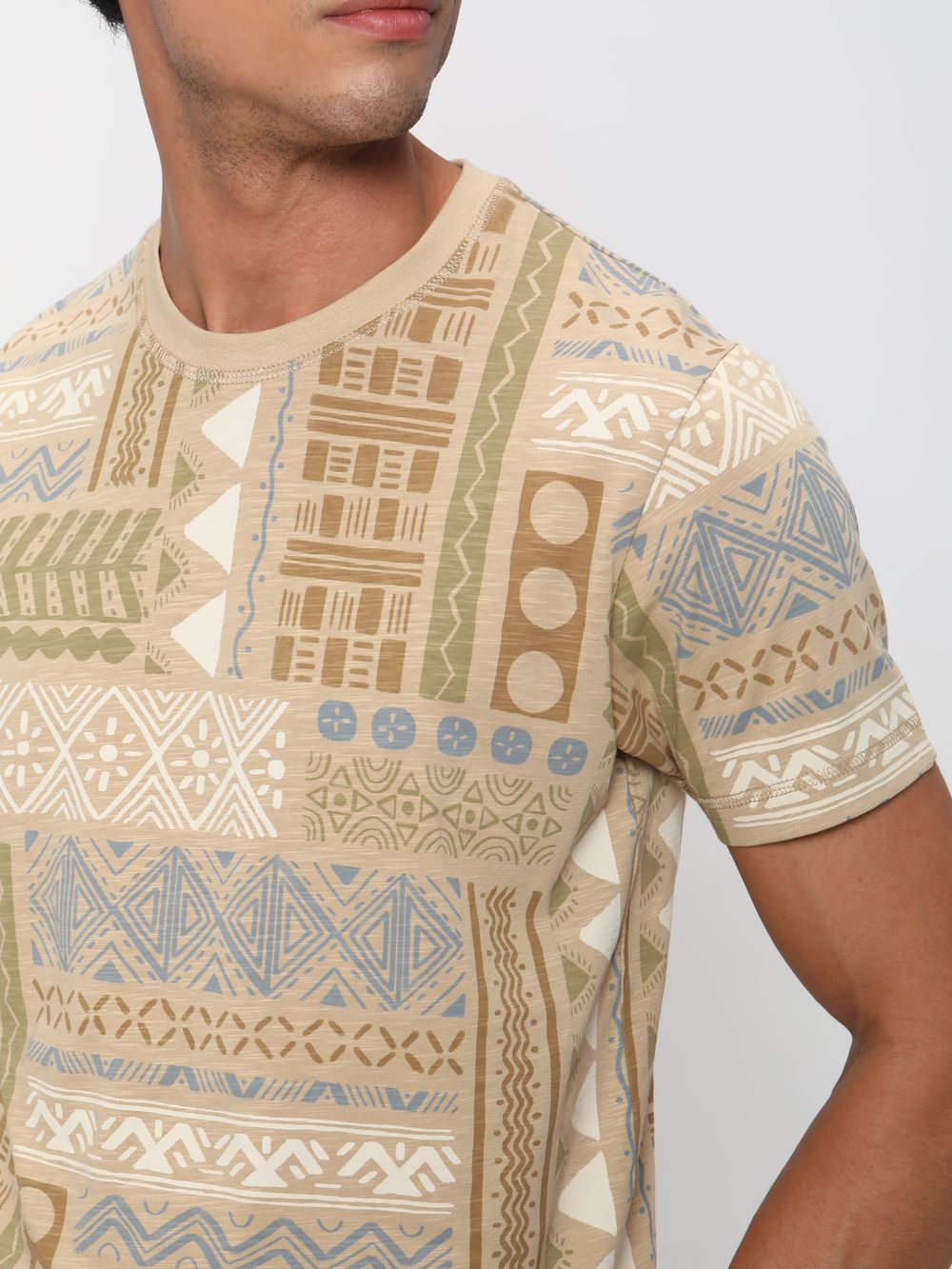 Beige & White Tribal Print Slub Jersey T-Shirt