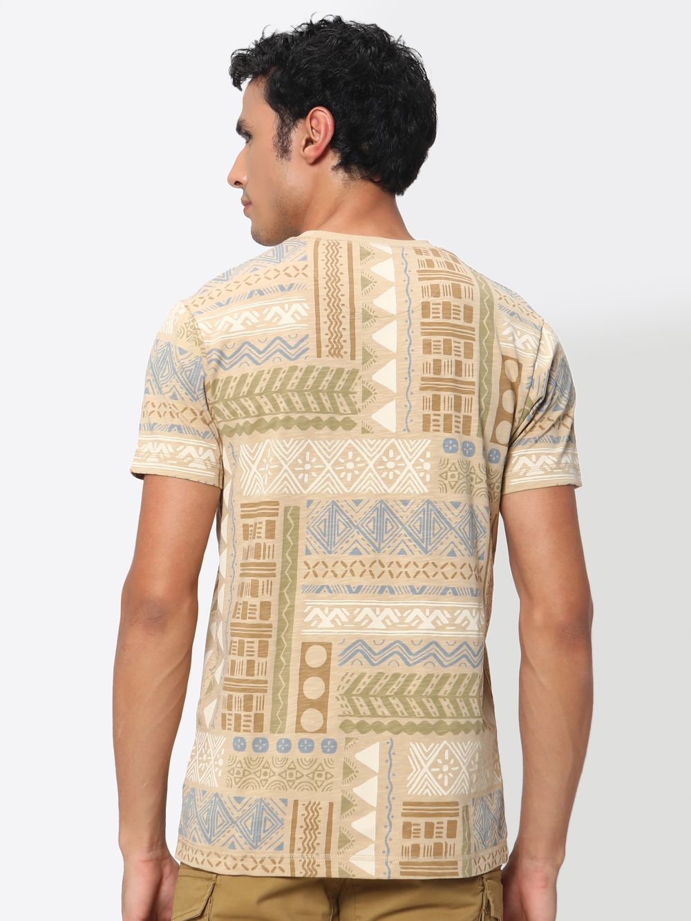 Beige & White Tribal Print Slub Jersey T-Shirt