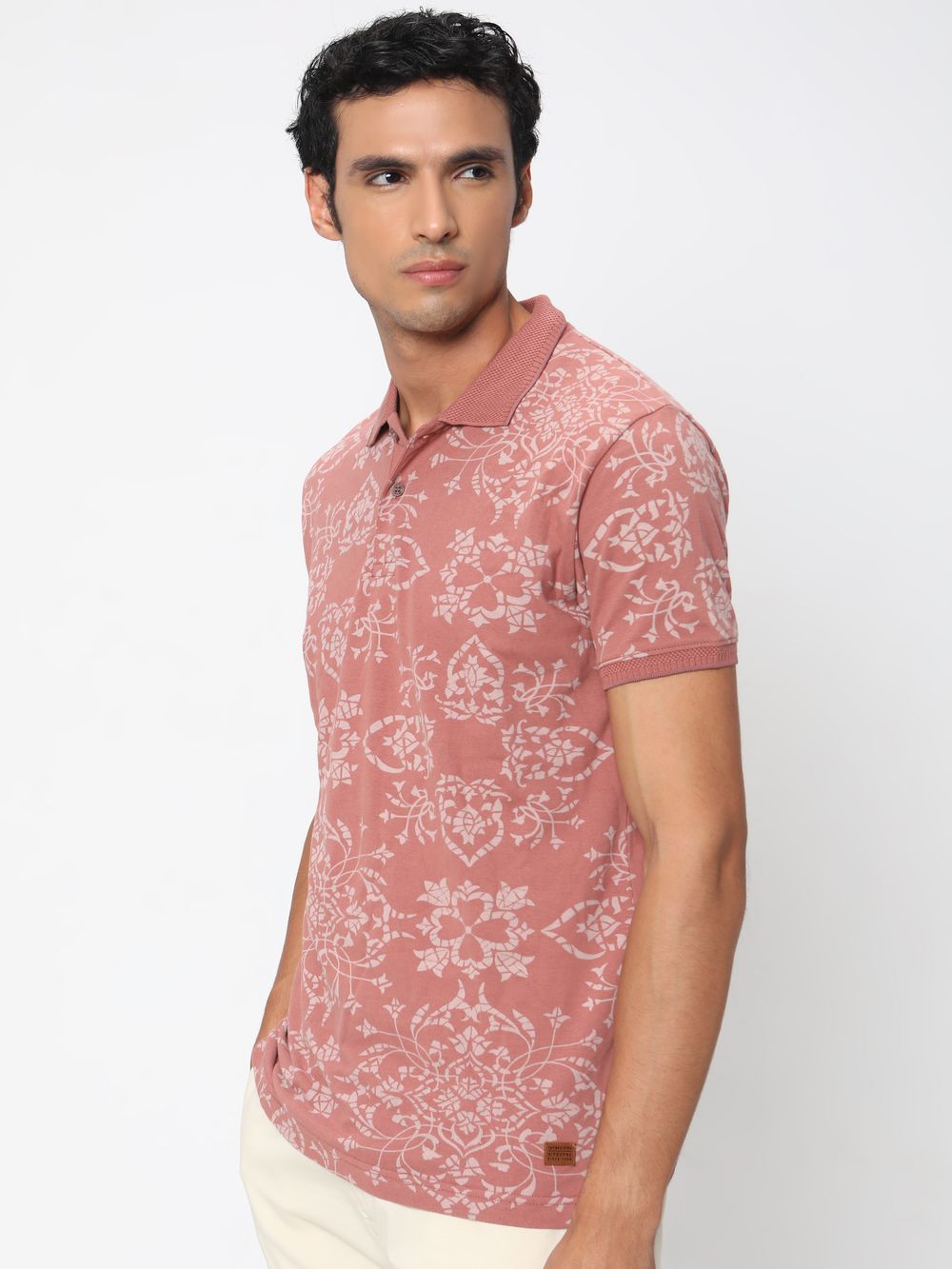 Peach Floral Print Pique Polo Tee Shirt