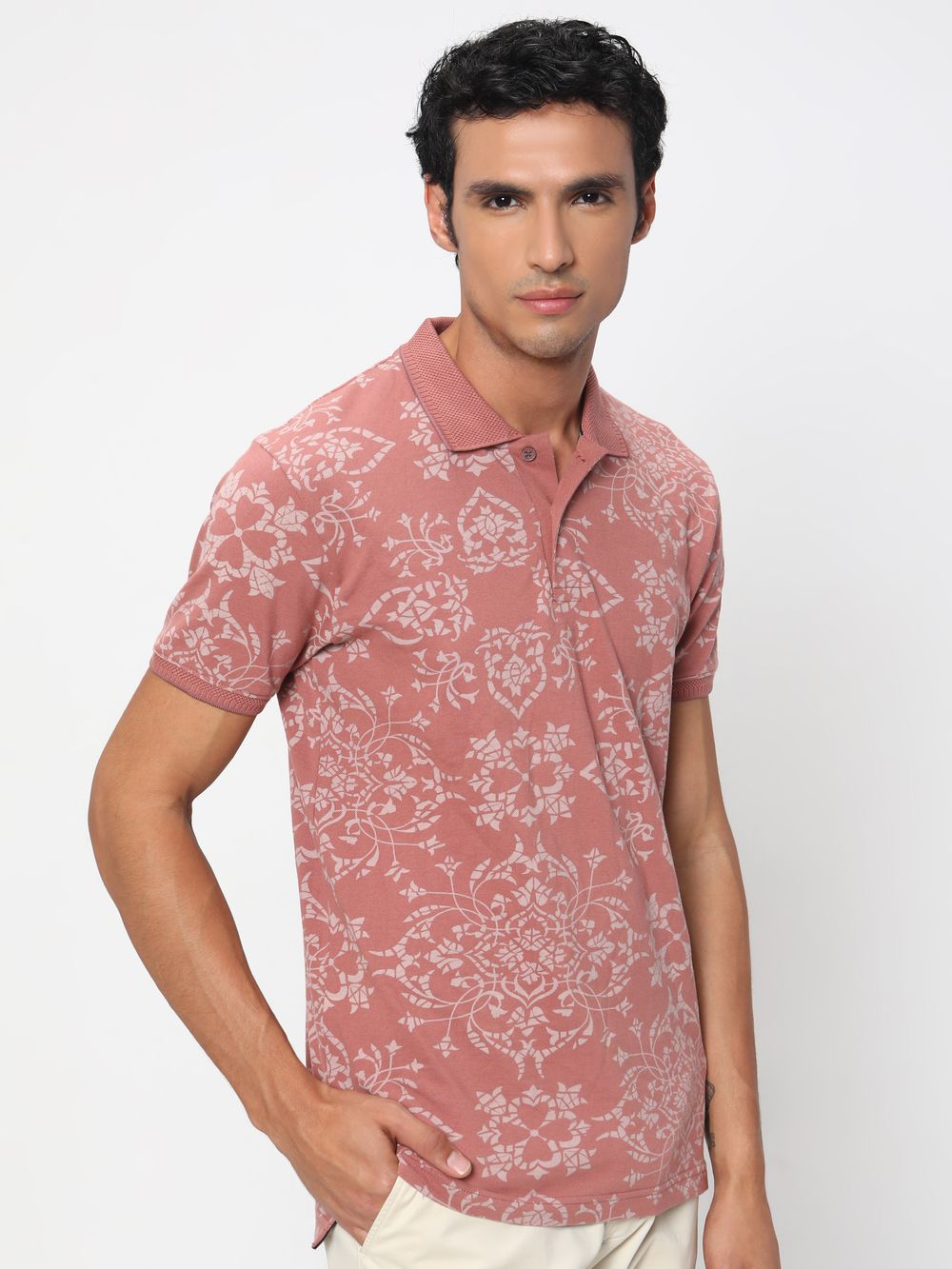 Peach Floral Print Pique Polo Tee Shirt