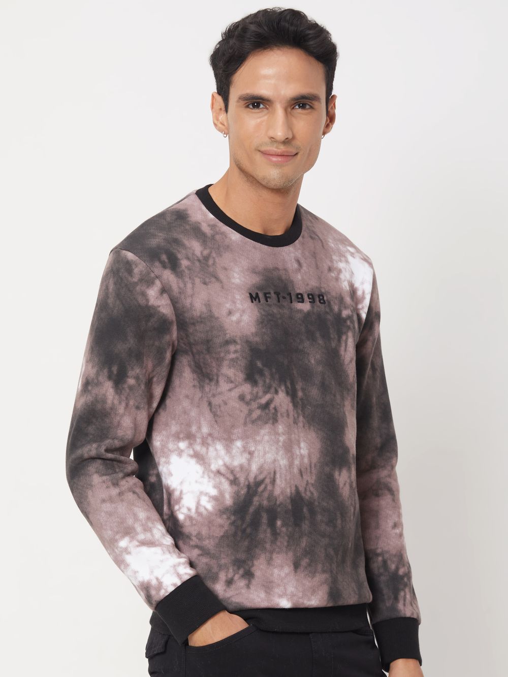 Pink & Black Acid Washed Print Knitted Fleece Sweatshirt