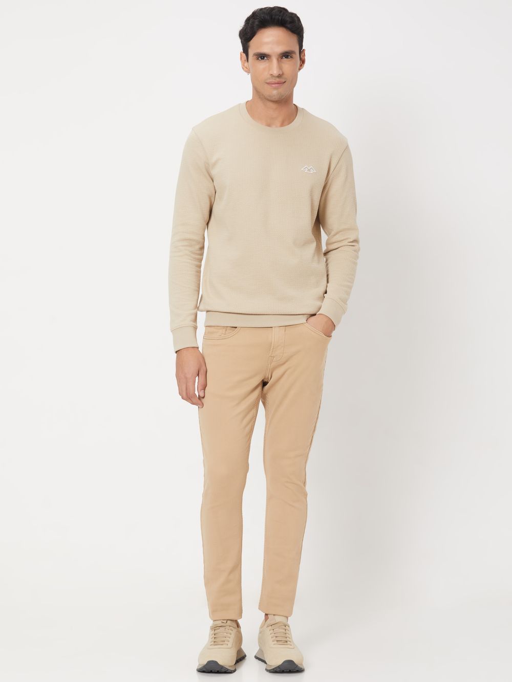 Beige Embroidered Jacquard Textured Jersey Sweatshirt