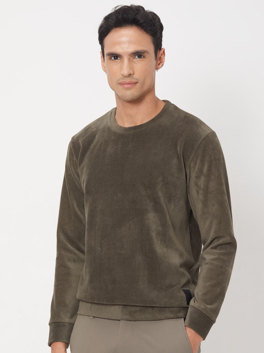 Olive Slim Fit Velvet Sweatshirt