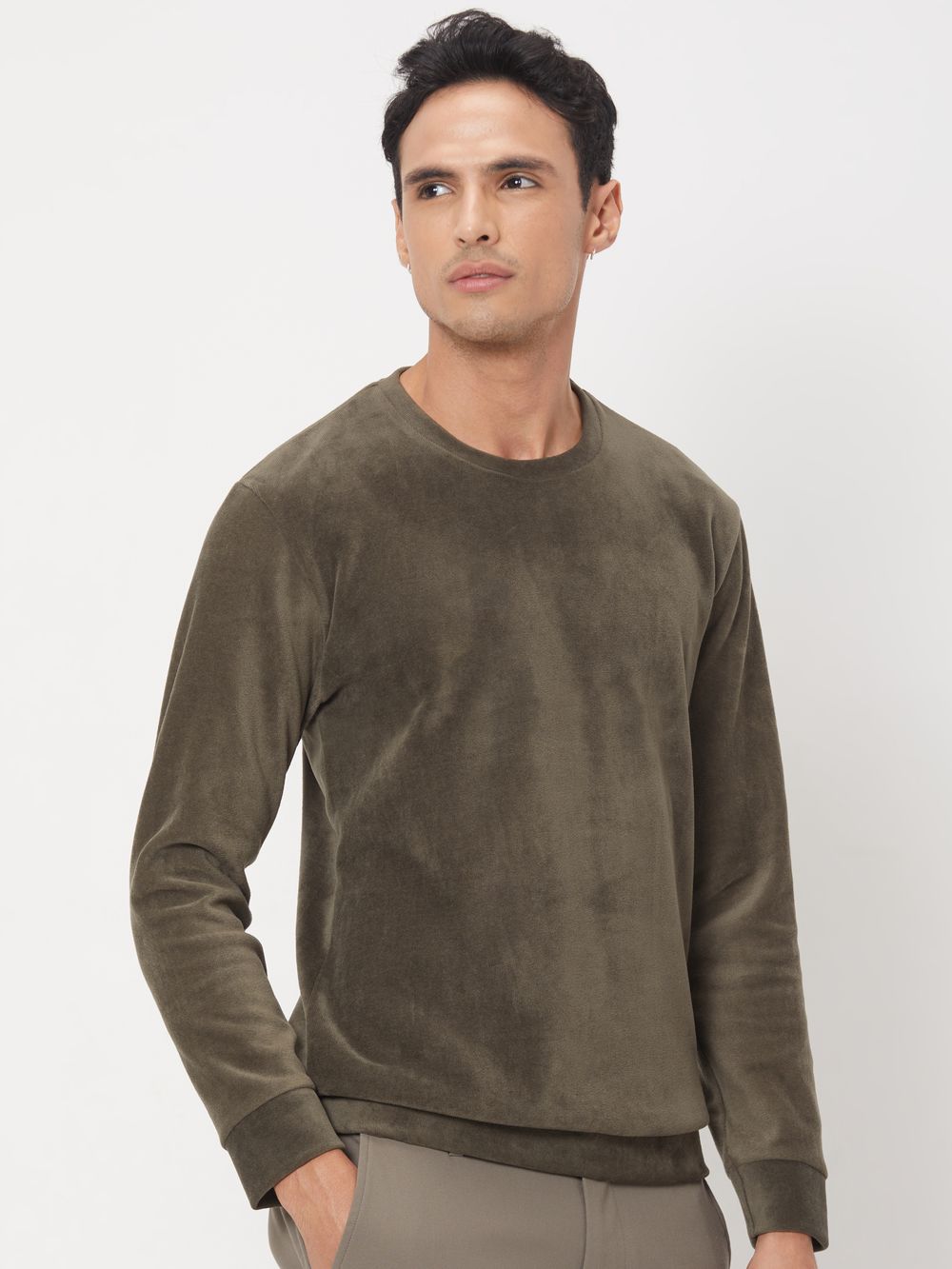 Olive Slim Fit Velvet Sweatshirt