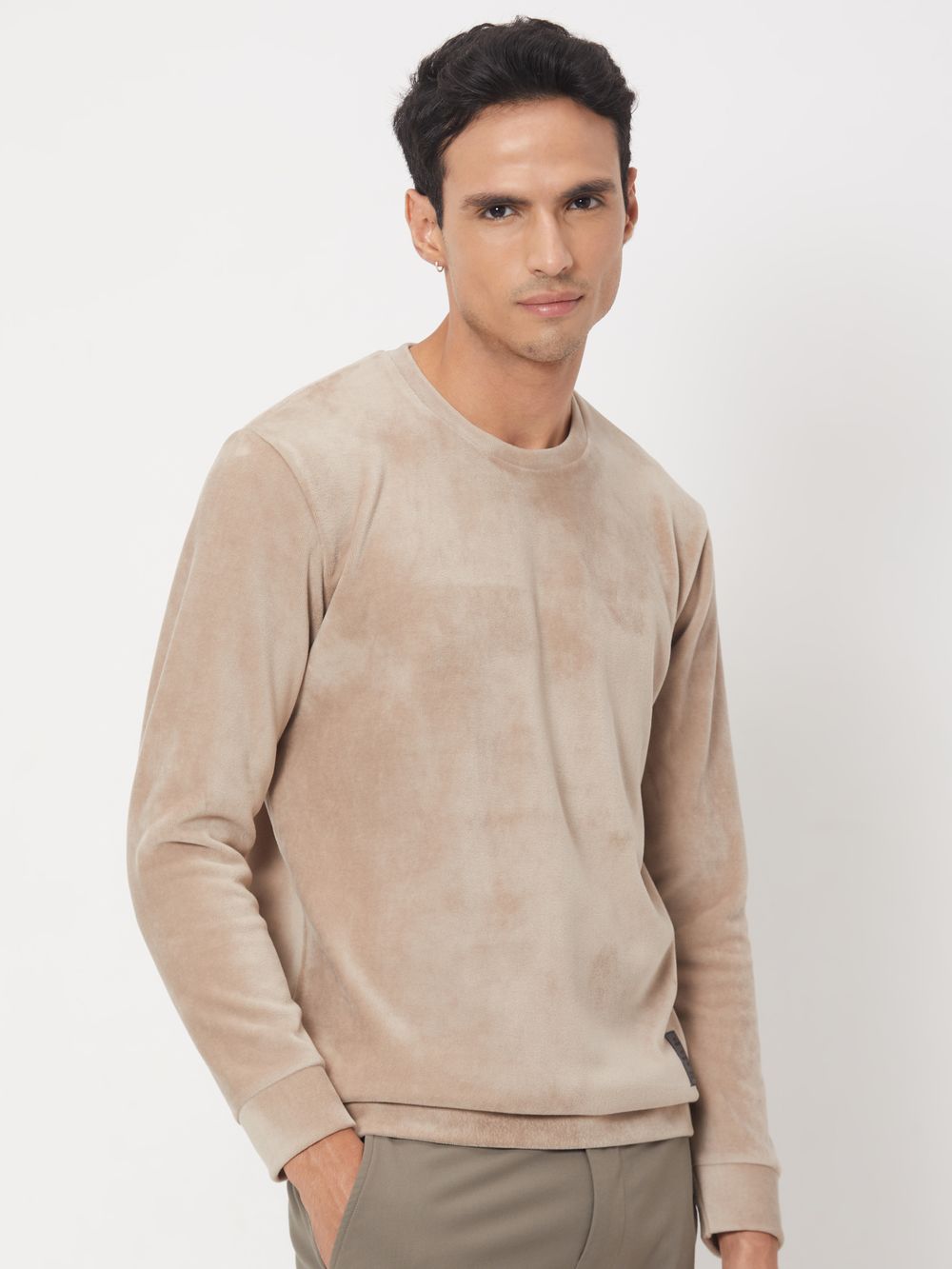 Beige Slim Fit Velvet Sweatshirt