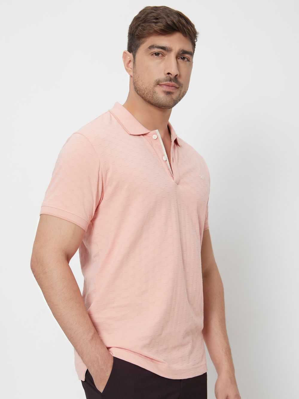 Pink Textured Slim Fit Textured Jersey Polo T-Shirt