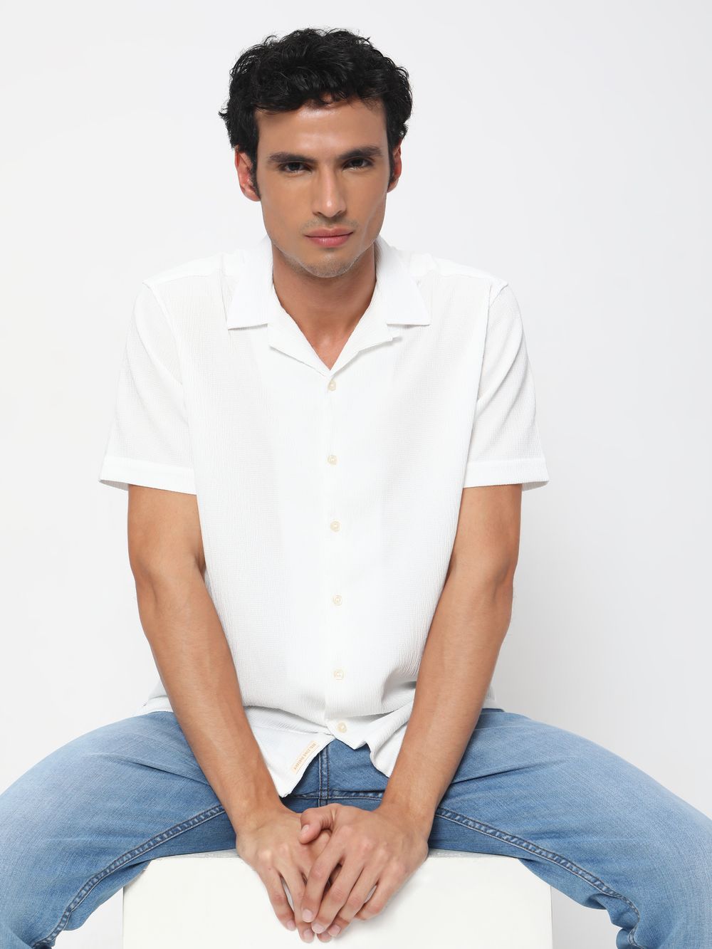 White Textured Plain Shirt