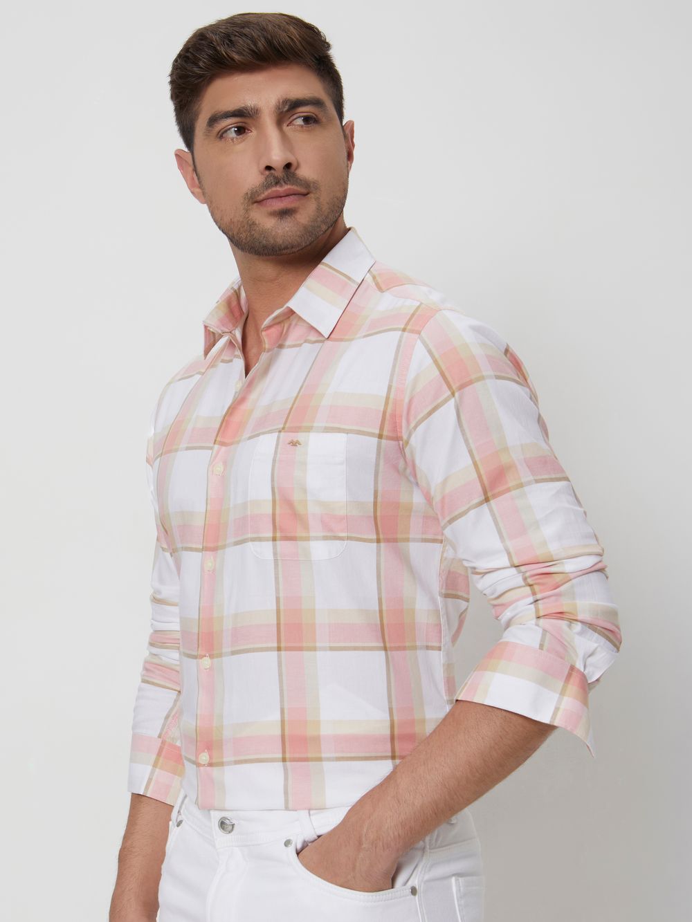 Peach & Off White Large Check Slim Fit Casual Shirt