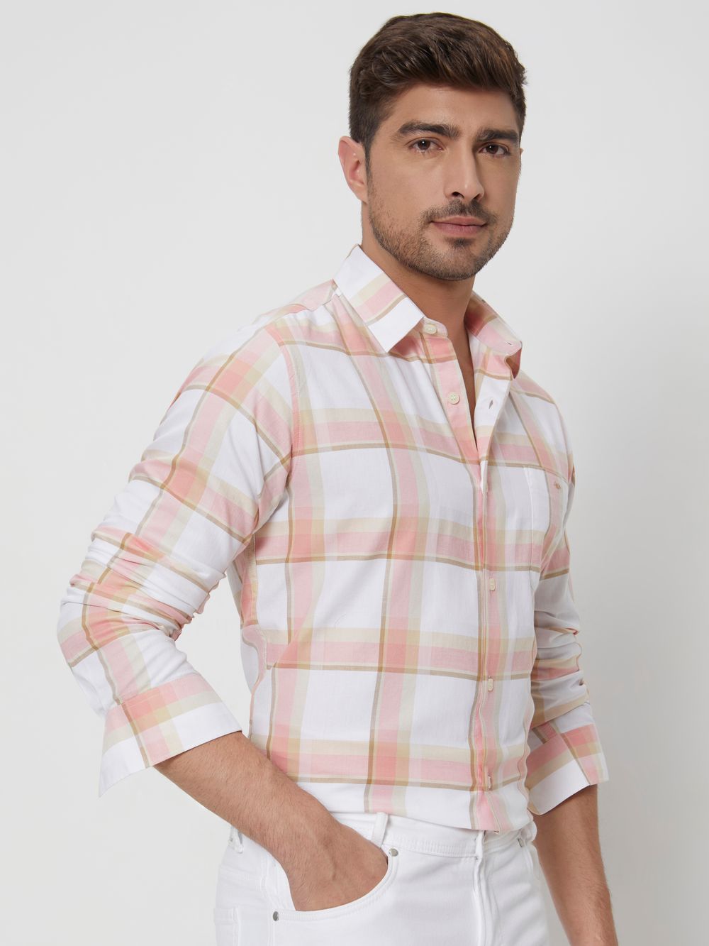 Peach & Off White Large Check Slim Fit Casual Shirt