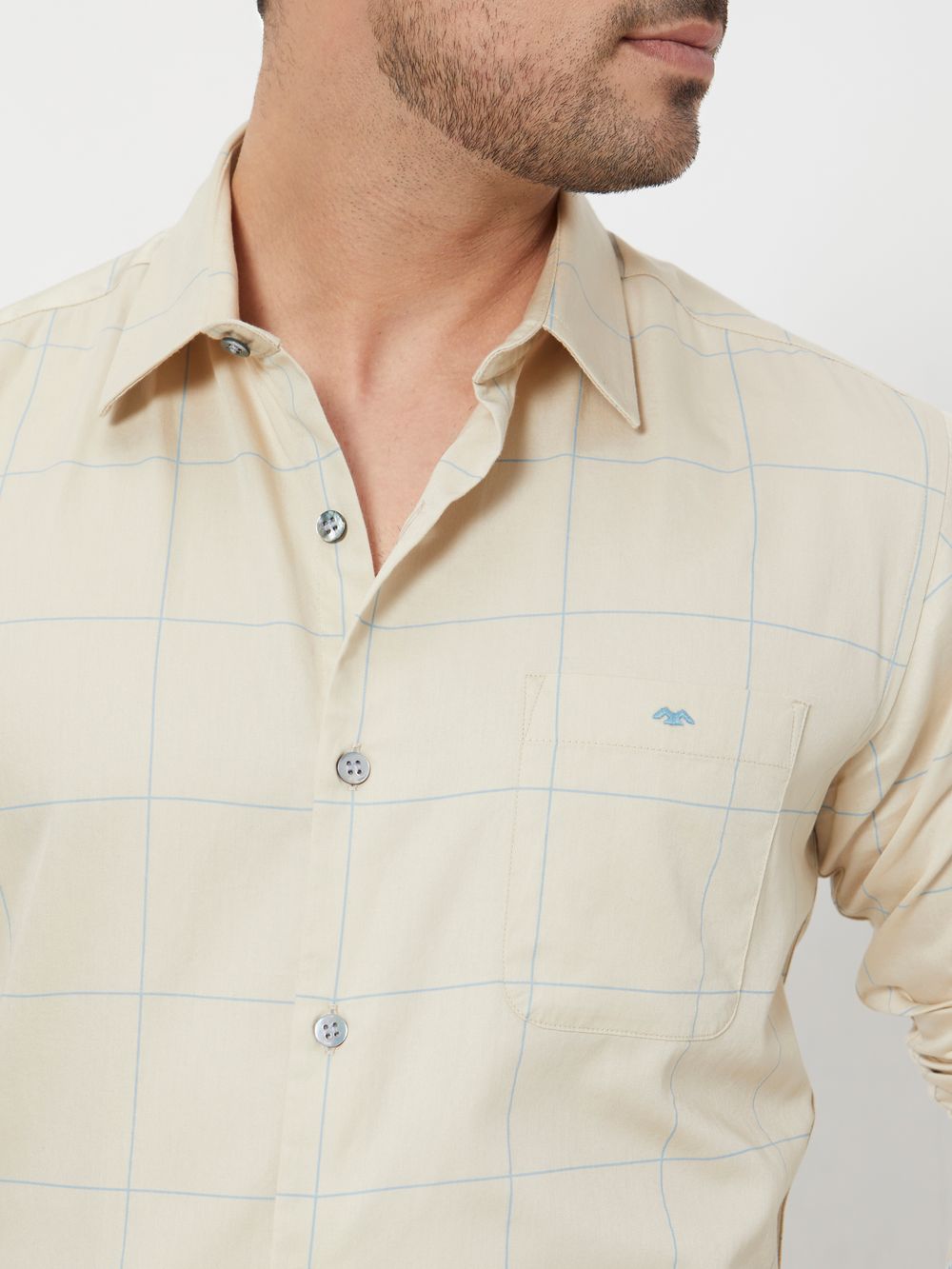 Beige & Blue Windowpane Check Slim Fit Casual Shirt