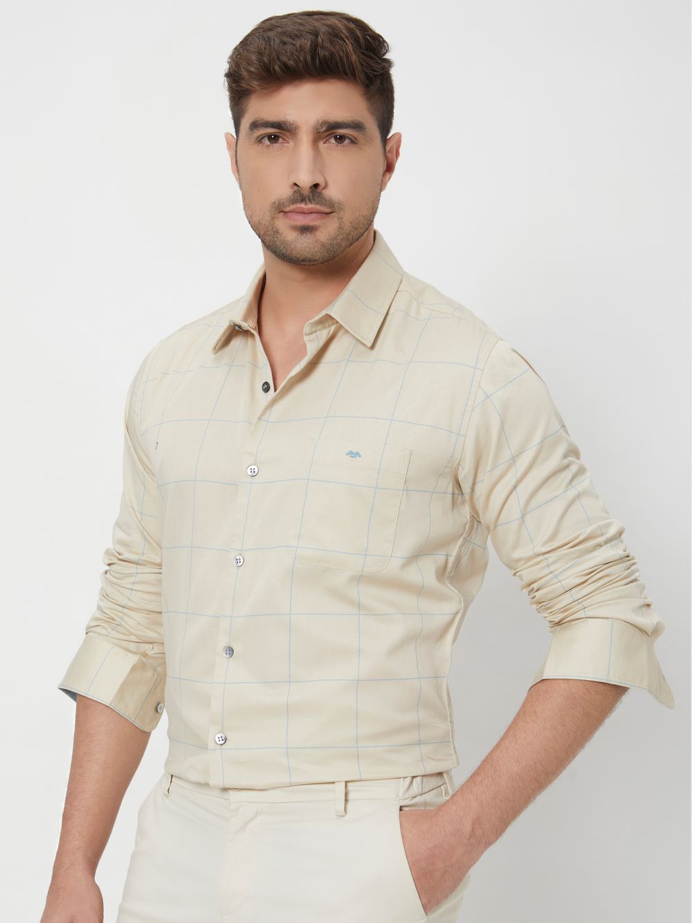 Beige & Blue Windowpane Check Slim Fit Casual Shirt