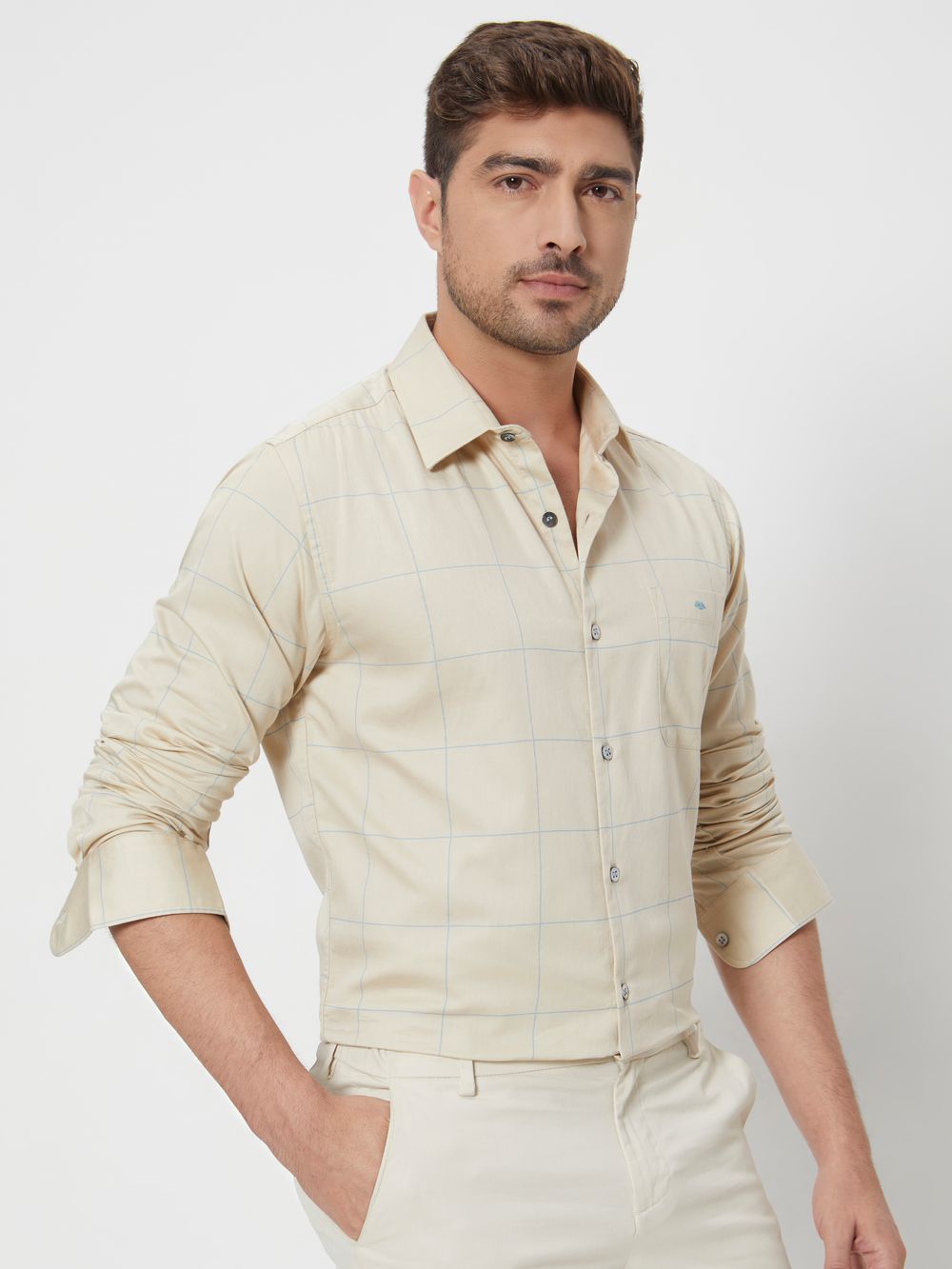 Beige & Blue Windowpane Check Slim Fit Casual Shirt