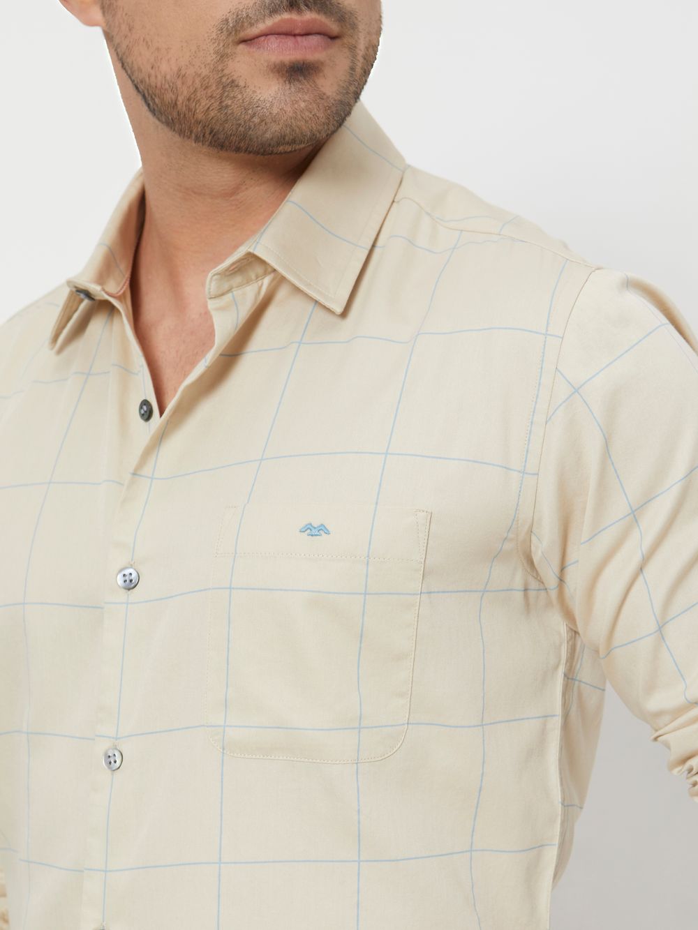 Beige & Blue Windowpane Check Slim Fit Casual Shirt