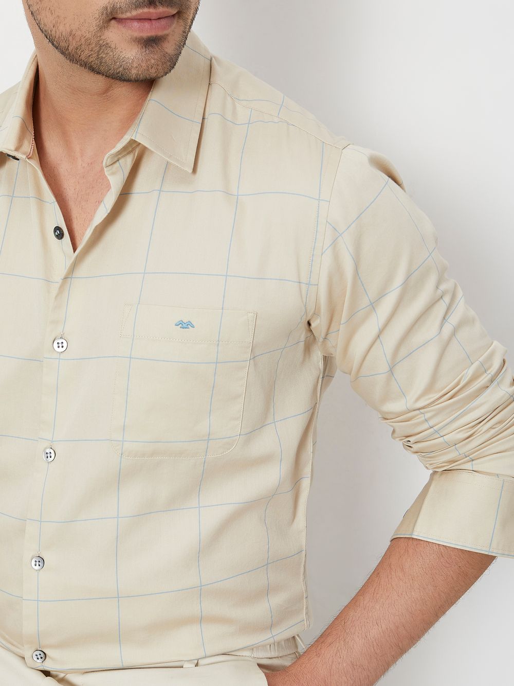 Beige & Blue Windowpane Check Slim Fit Casual Shirt