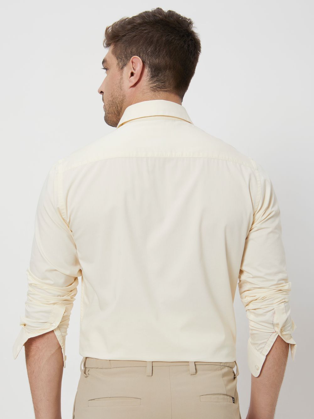 Beige Stretch Plain Slim Fit Casual Shirt