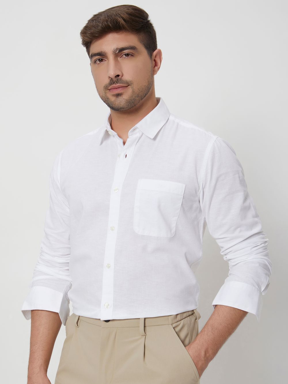 White Cotton Linen Plain Slim Fit Casual Shirt