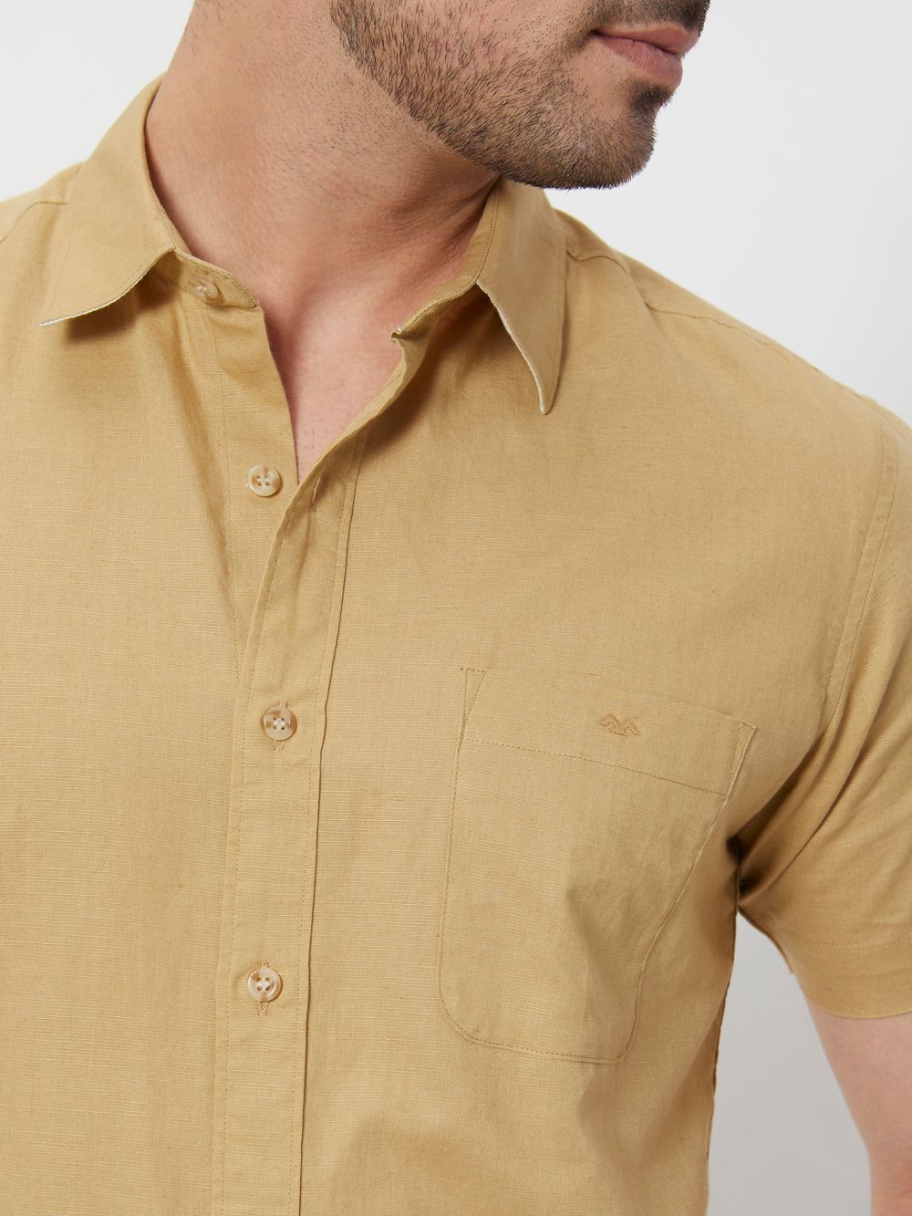 Khaki Cotton Linen Plain Slim Fit Casual Shirt