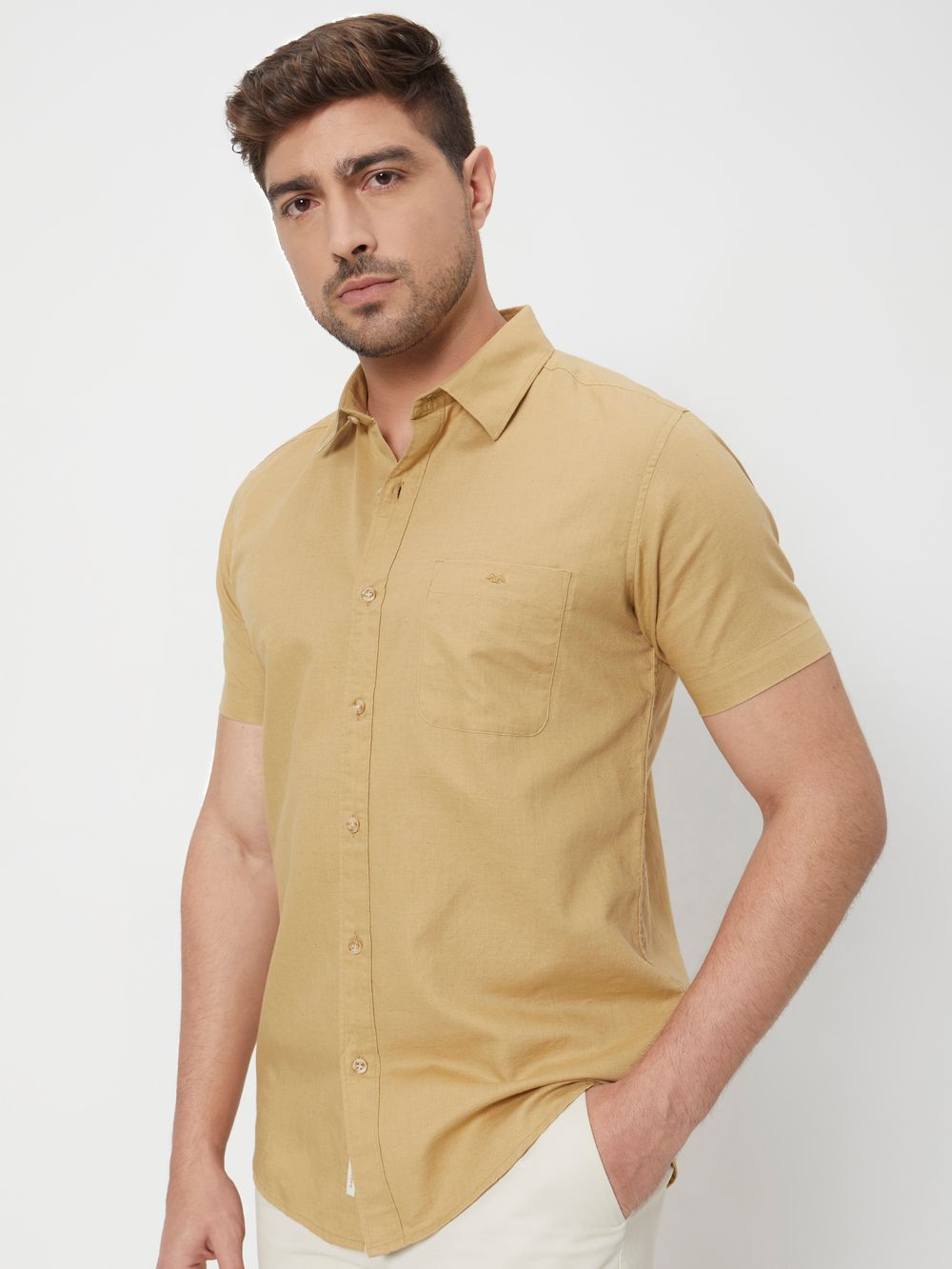 Khaki Cotton Linen Plain Slim Fit Casual Shirt