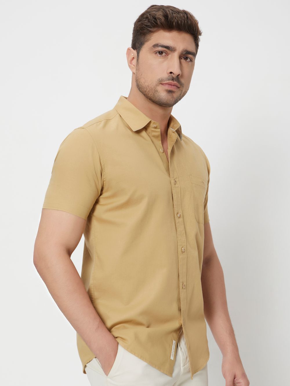 Khaki Cotton Linen Plain Slim Fit Casual Shirt