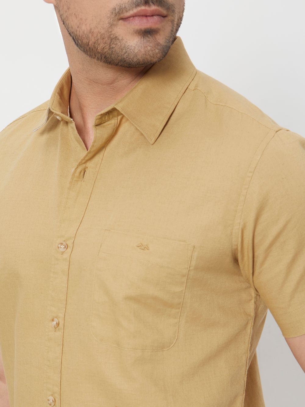 Khaki Cotton Linen Plain Slim Fit Casual Shirt