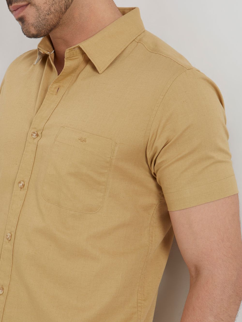 Khaki Cotton Linen Plain Slim Fit Casual Shirt