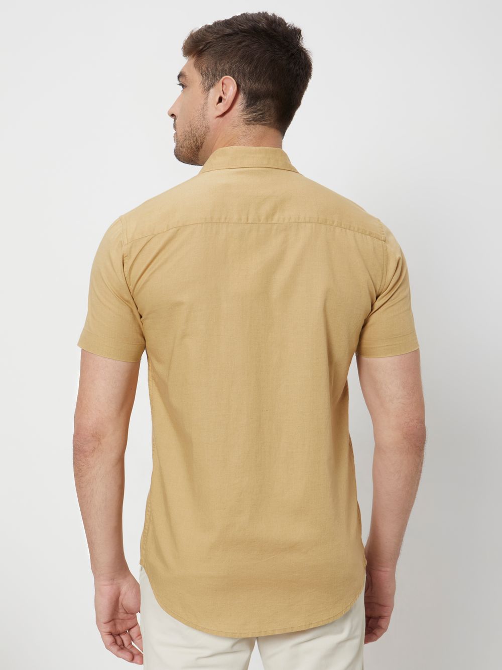 Khaki Cotton Linen Plain Slim Fit Casual Shirt