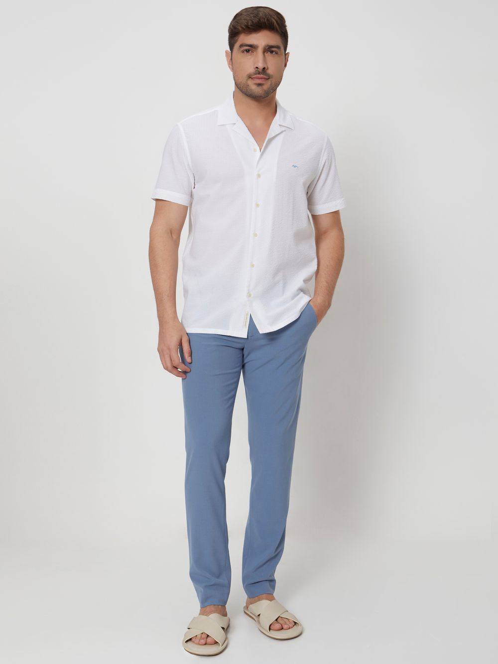 White Textured Plain Relaxed Fit Casual Shirt