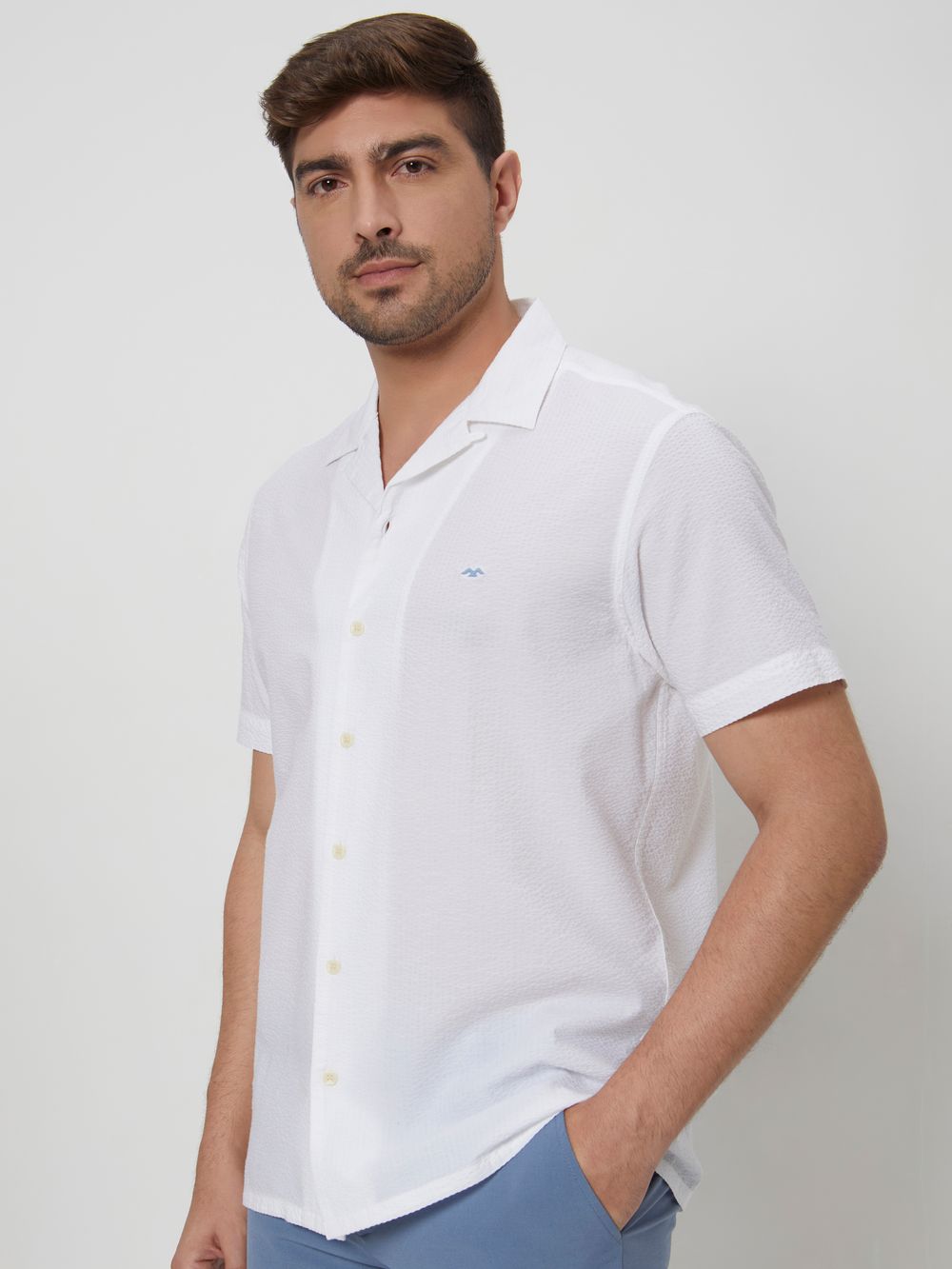 White Textured Plain Relaxed Fit Casual Shirt