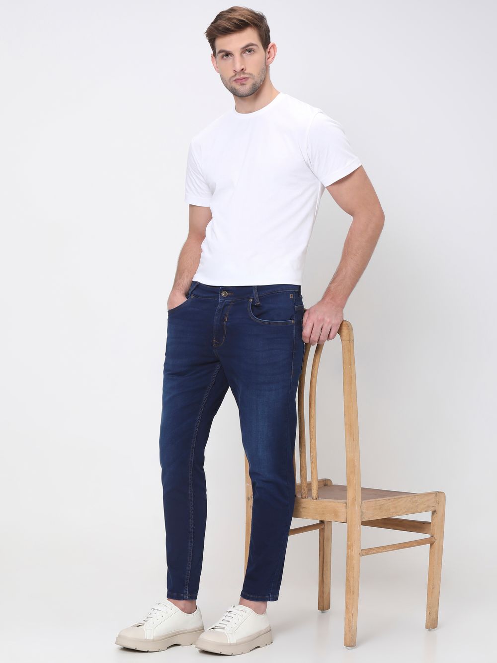 Dark Indigo Blue Ankle Length Fly Weight Jeans