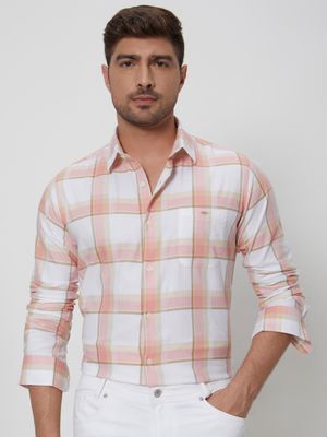 Peach & Off White Large Check Slim Fit Casual Shirt